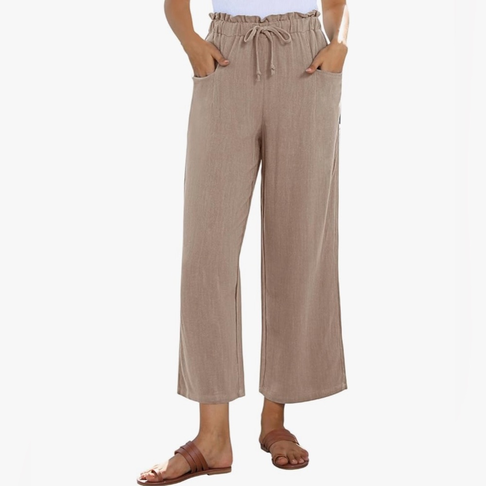 Wide Leg Linen-Blend Pants in Taupe - Relaxed Drawstring Waist